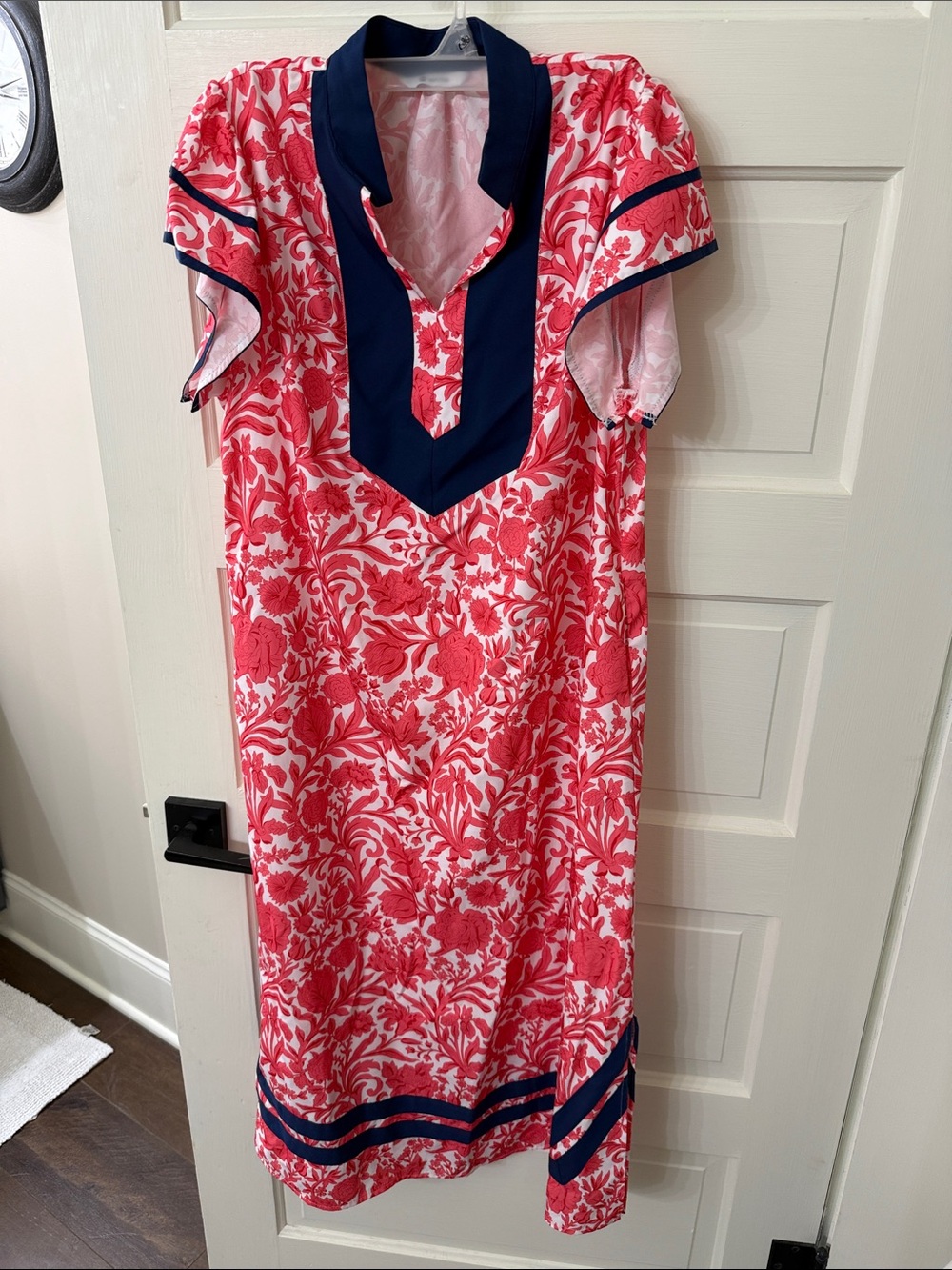 Pink Floral Maxi Dress with Navy Trim